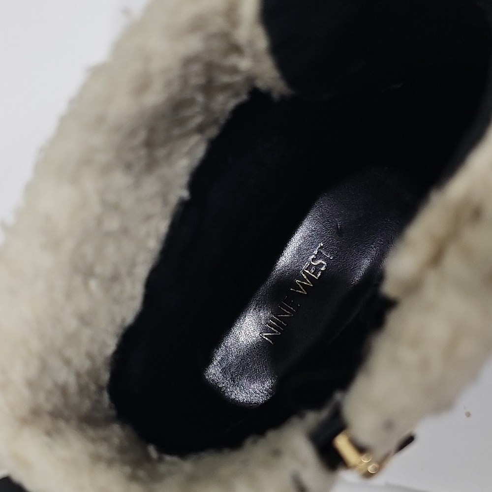 Nine West Black Leather combat Ankle  boots with Faux Shearling Size 10.5 - Picture 7 of 14